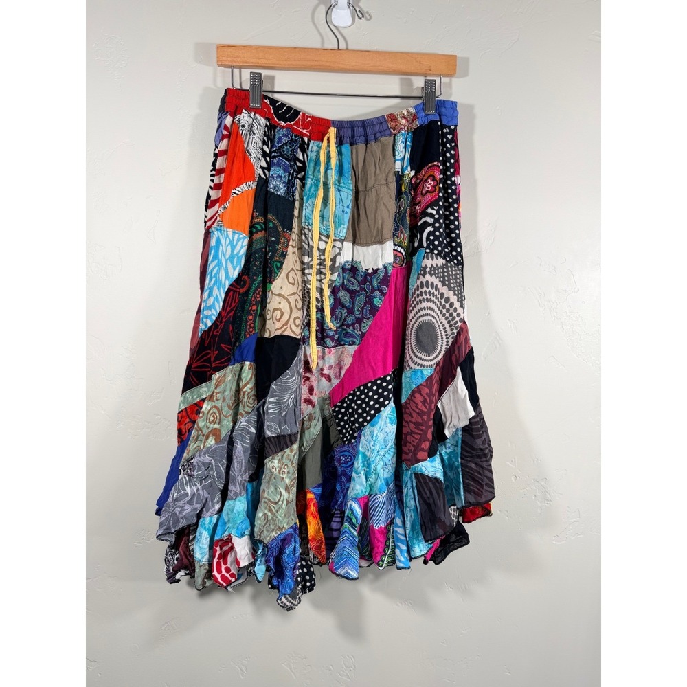 Peaceful People Patchwork Midi Skirt Womens L/XL Boho Rayon Whimsy Fairy
